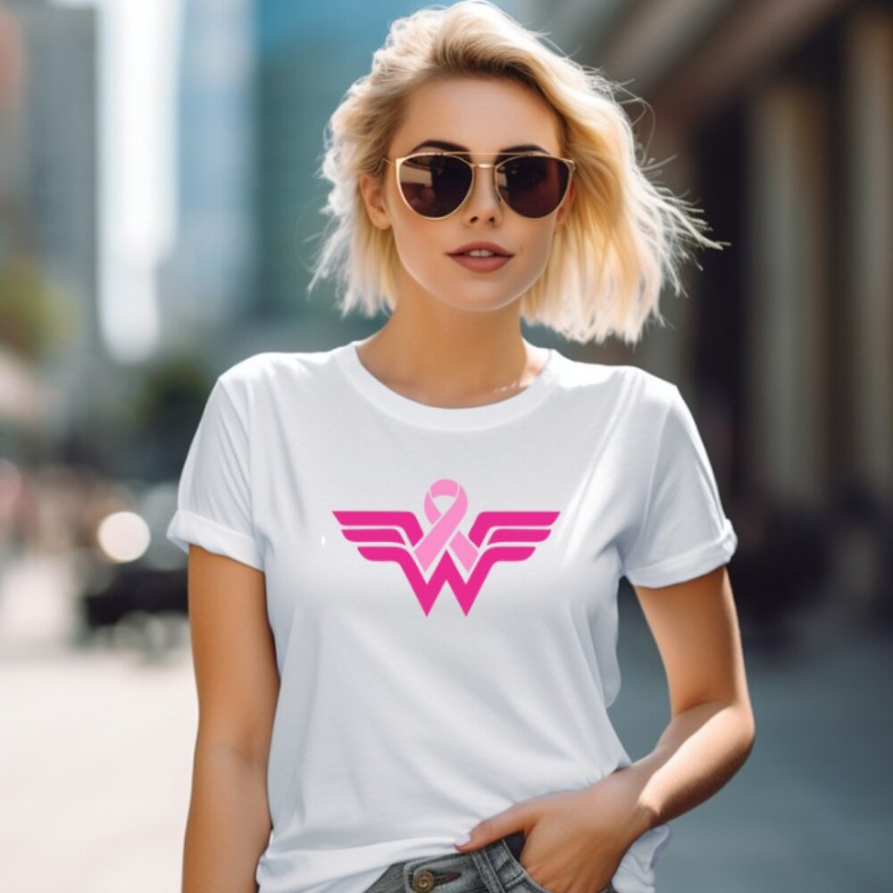 Wnder Women Cancer Ribbon T-Shirt (Color: White- 2X) New
